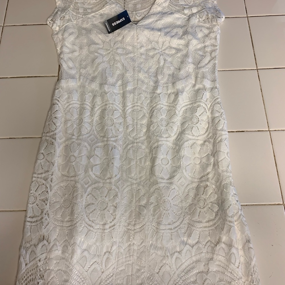 Express Flare Slit Dress White Lace Floral- Small